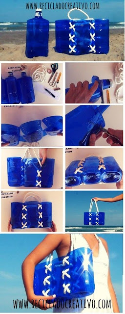 إعادة تدوير زجاجات البلاستيك الصغيرة الملونة لعمل حقيبة للبحر