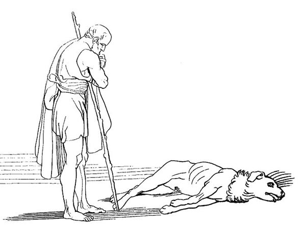 line-drawing of a man in Greek clothing leaning on his stick as he looks down on a dog lying down and looking unwell