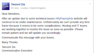 Notification by support staff of mypayingads to users