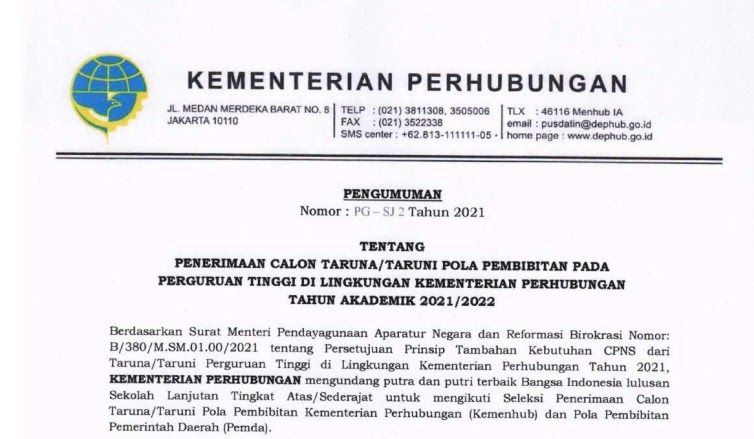 Persyaratan Pendaftaran Sekolah Kedinasan Kementerian Perhubungan Tahun 2021 2022