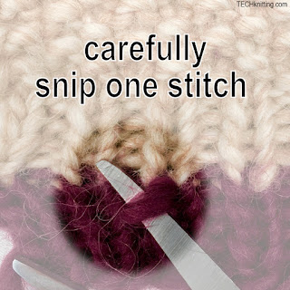 shortening ribbing, step 1: snipping a stitch TECHknitting.com