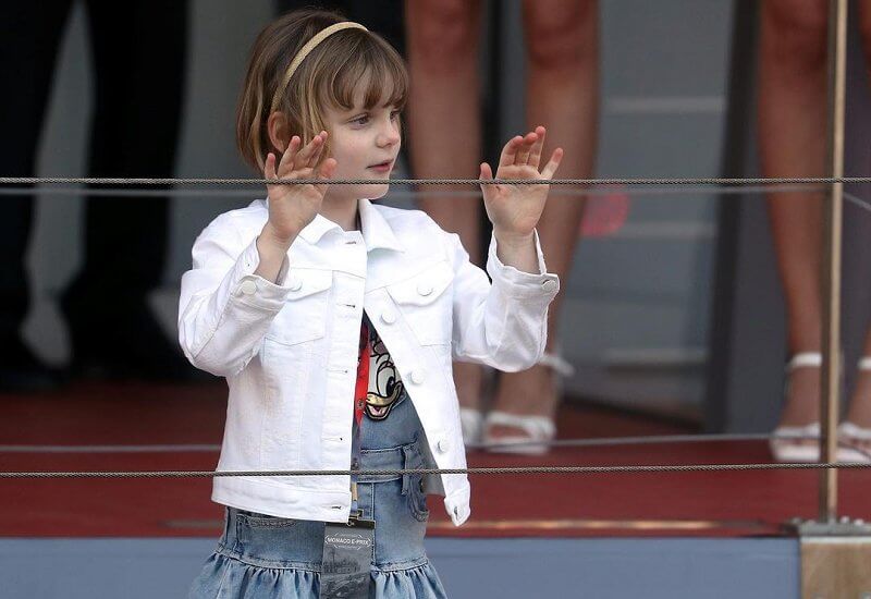 Princess Gabriella wore a blue denim daisy duck dress from Monnalisa. Prince Jacques, Pierre Casiraghi and Kaia Rose Wittstock
