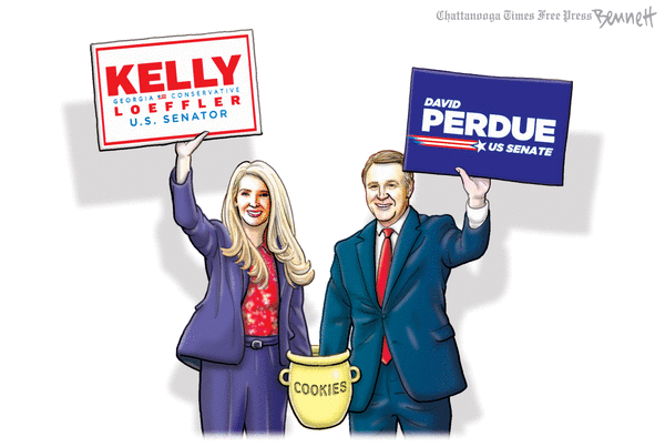 Georgia Senators David Perdue and Kelly Loeffler holding campaign signs in one hand and plunging the other hand into a jar labeled 