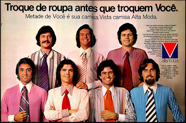 Propaganda da coleção de camisas da marca Alta Moda, apresentadas em 1972.
