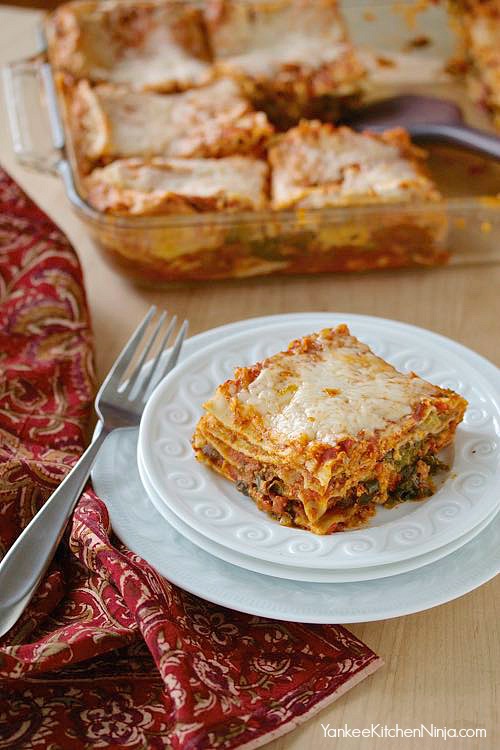 Nutty vegetarian lasagna with sprouts and kale