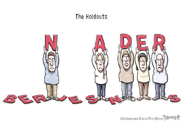 Title:  The Holdouts.  Image:  Row of Sanders supports hold ing up letters.   They dropped some of the letters that spell out B-E-R-N-I-E S-A-N-D-E-R-S, but are still holding up N-A-D-E-R.