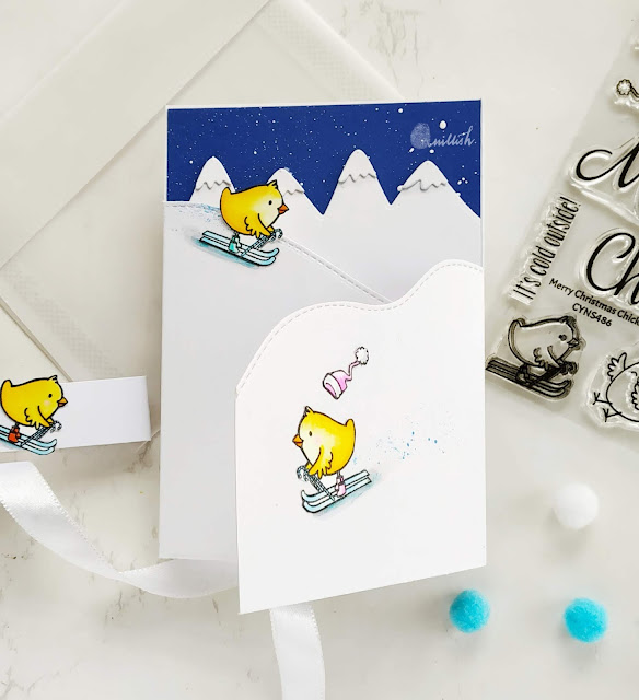 Video Tutorial, guest designing, Your Next Stamp, die cutting, Technique card, Quillish, Your next stamp Merry christams chickie, Your next stamp snowy mountain edge die set, Tri fold card, fun fold card