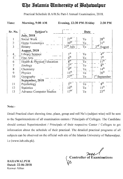 Date Sheet Practical Schedule B.Sc. Part I First Annual 2018 Islamia University Date Sheet Practical Schedule B.Sc. Part I First Annual 2018 Islamia University