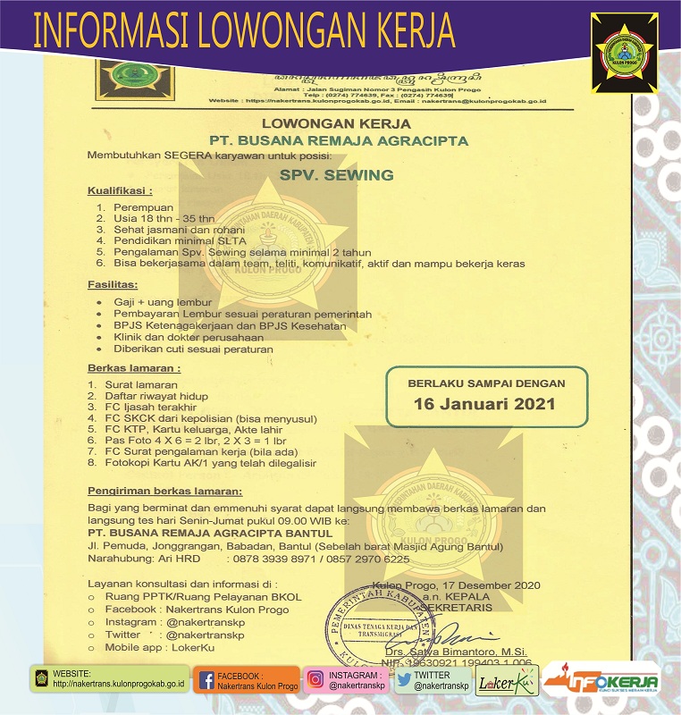 Lowongan Kerja Pt Busana Remaja Agracipta