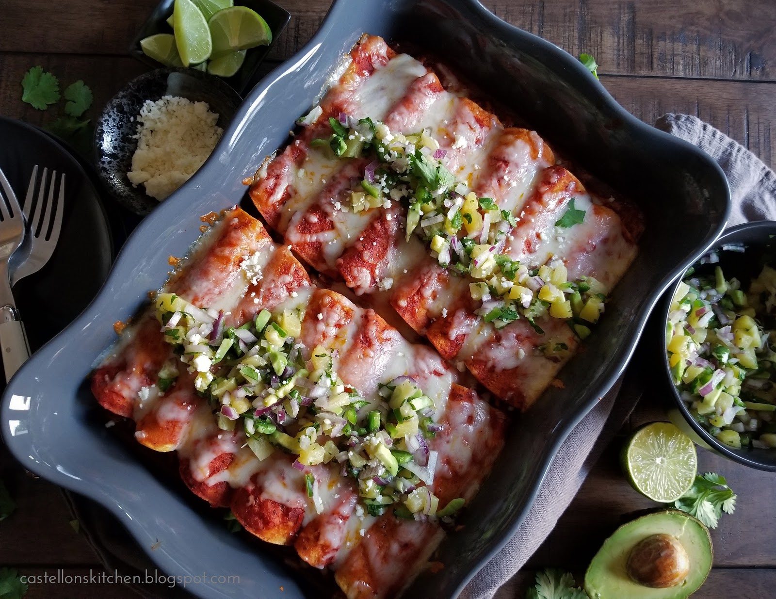 Castellon's Kitchen Al Pastor Enchiladas with Pineapple Avocado Salsa