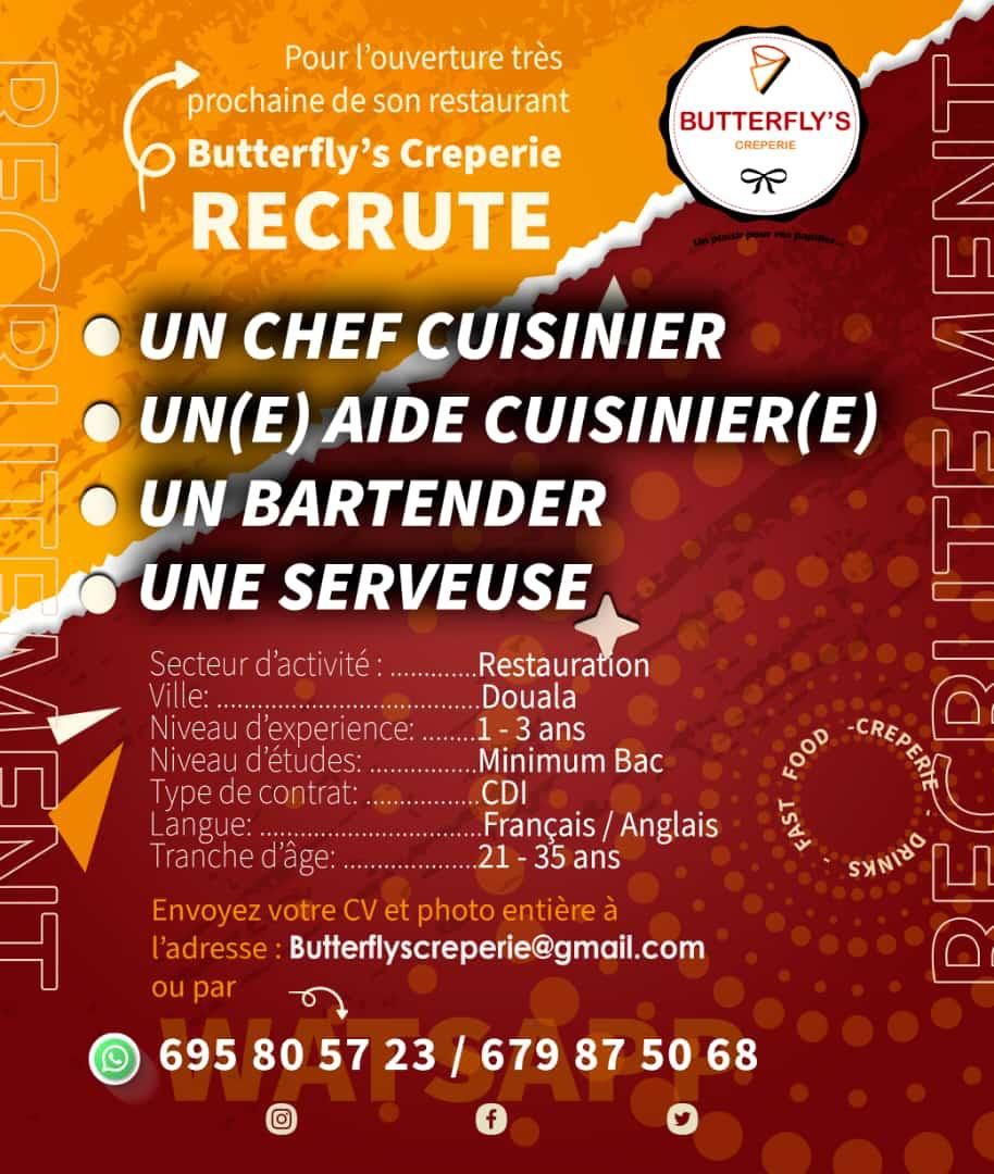 Pour l'ouverture très prochaine de son restaurant Butterfly's Creperie recrute Un Chef cuisinier Un(e) Aide cuisinier(e)