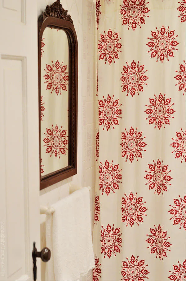 Cottage Style Bathroom With Red and White Floral Shower Curtain