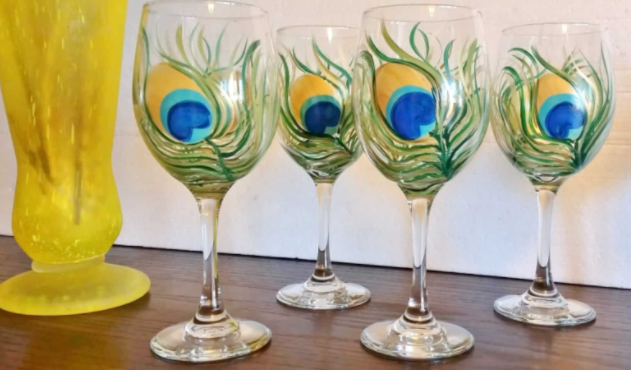 Peacock Feather Lovers Hand Painted Wine Glasses
