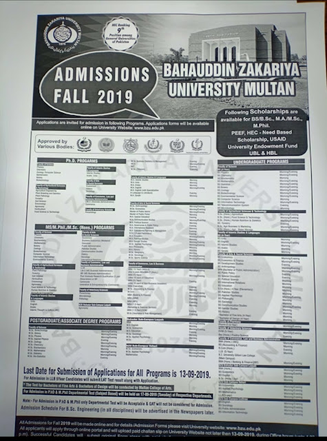 BZU-Multan BS/BA/MS/M.Phil/Ph.D admission 2019-20