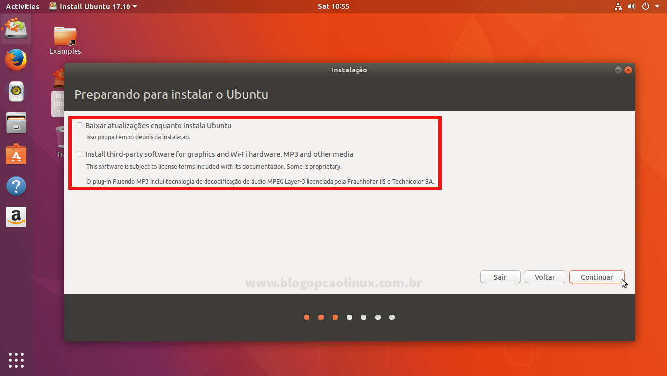 Você tem a opção de instalar as atualizações, codecs e drivers proprietários durante a instalação do Ubuntu
