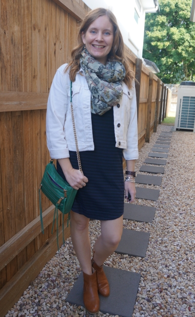 white denim jacket with navy stripe tee dress, ankle boots, floral snood and green mini 5 zip bag | awayfromtheblue