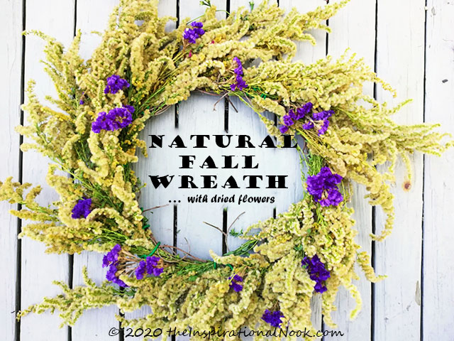 Farm style wreath, Natural fall wreath, Natural autumn wreath, Goldenrod and purple statice, farmhouse style, natural, organic wreath made with foraged, wild, botanicals and dried flowers.