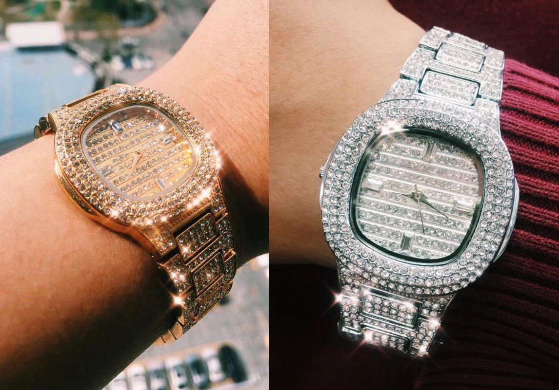collage with three bling bling watches on hands