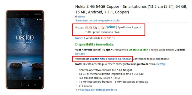 Nokia 8 4/64 GB in offerta a 381 euro su Amazon
