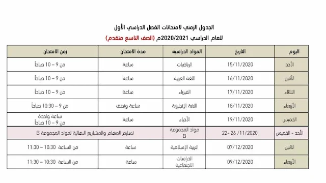 جدول امتحانات الفصل الاول 2020 الامارات الصف التاسع