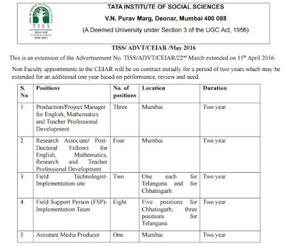 TATA INSTITUTE OF SOCIAL SCIENCES, www.tiss.edu, TISS Recruitment 2016, TISS Mumbai, Advertisement, Notification