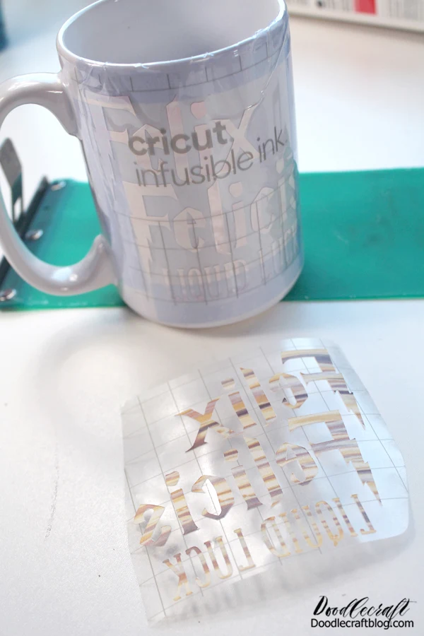 Step 3: Place on Mug Use the heat resistant tape to adhere the transfer in place. It can be a little tricky to line up the words straight. I always do 2 images, so I can put them on both sides of the mug...I want both sides to be cute!