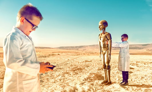 Future scope of robotics and Challenges, Opportunities 5 A Science Student is testing and controlling a robot in the desert "Future Scope of robotics"