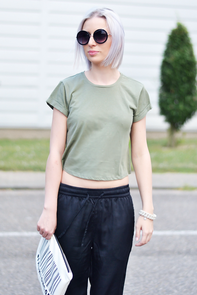 Outfit, ootd, crop top, asos, khaki green, round sunglasses, primark, silk trousers, baggy, black, stylish, new look, sandals, zara clutch, marc by marc jacobs bracelet, street style, summer, 2015