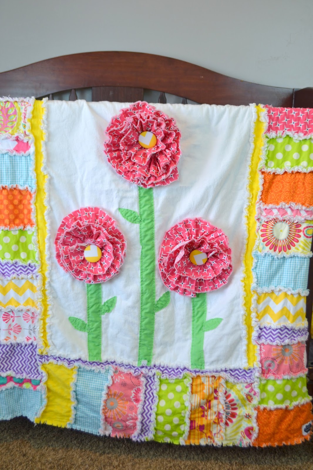 Ruffle Flower Rag Quilt for a Toddler Bed or Crib Quilt in Hot Pink