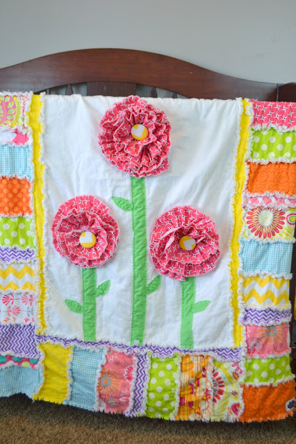 Ruffle Flower Rag Quilt for a Toddler Bed or Crib Quilt in Hot Pink, Orange, Yellow, Purple, and Lime Green