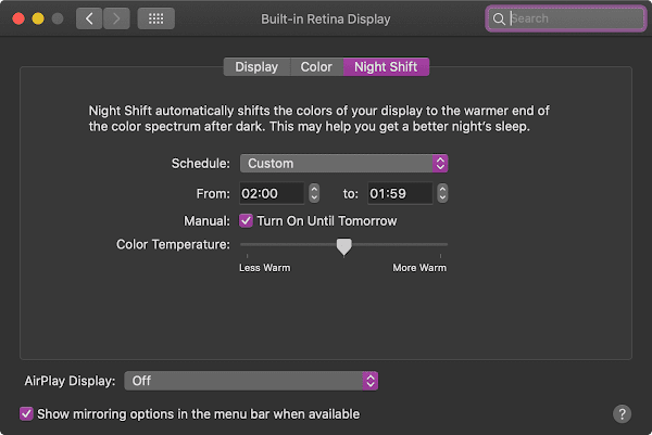 macOS Night Shift Options from System Preferences macOS Night Shift Options from System Preferences