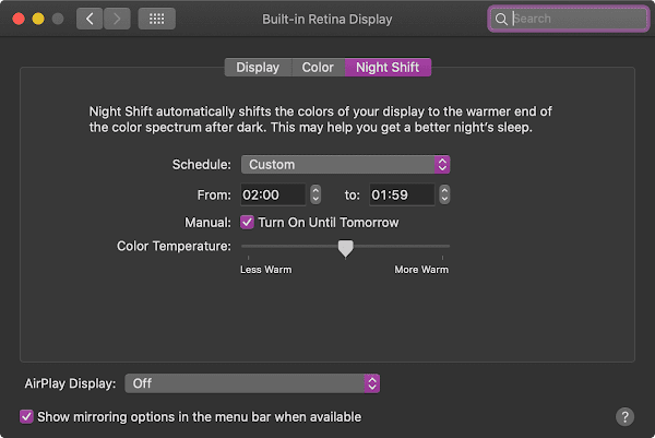 macOS Night Shift Options