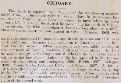 Obituario de Adolf Albin en British Chess Magazine