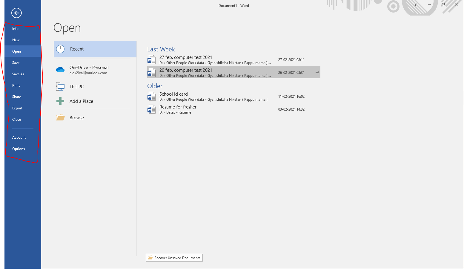 Using Microsoft word File Tab