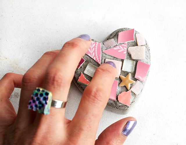 creating with Jules- concrete mosaic hearts