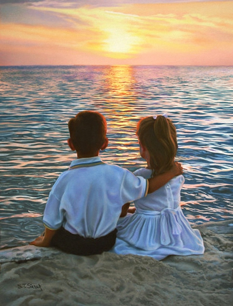 Двое удовольствие. Художник Tom Sierak. Художник том сирэк (Tom Sierak). Мальчик и девочка на море. Море любви.