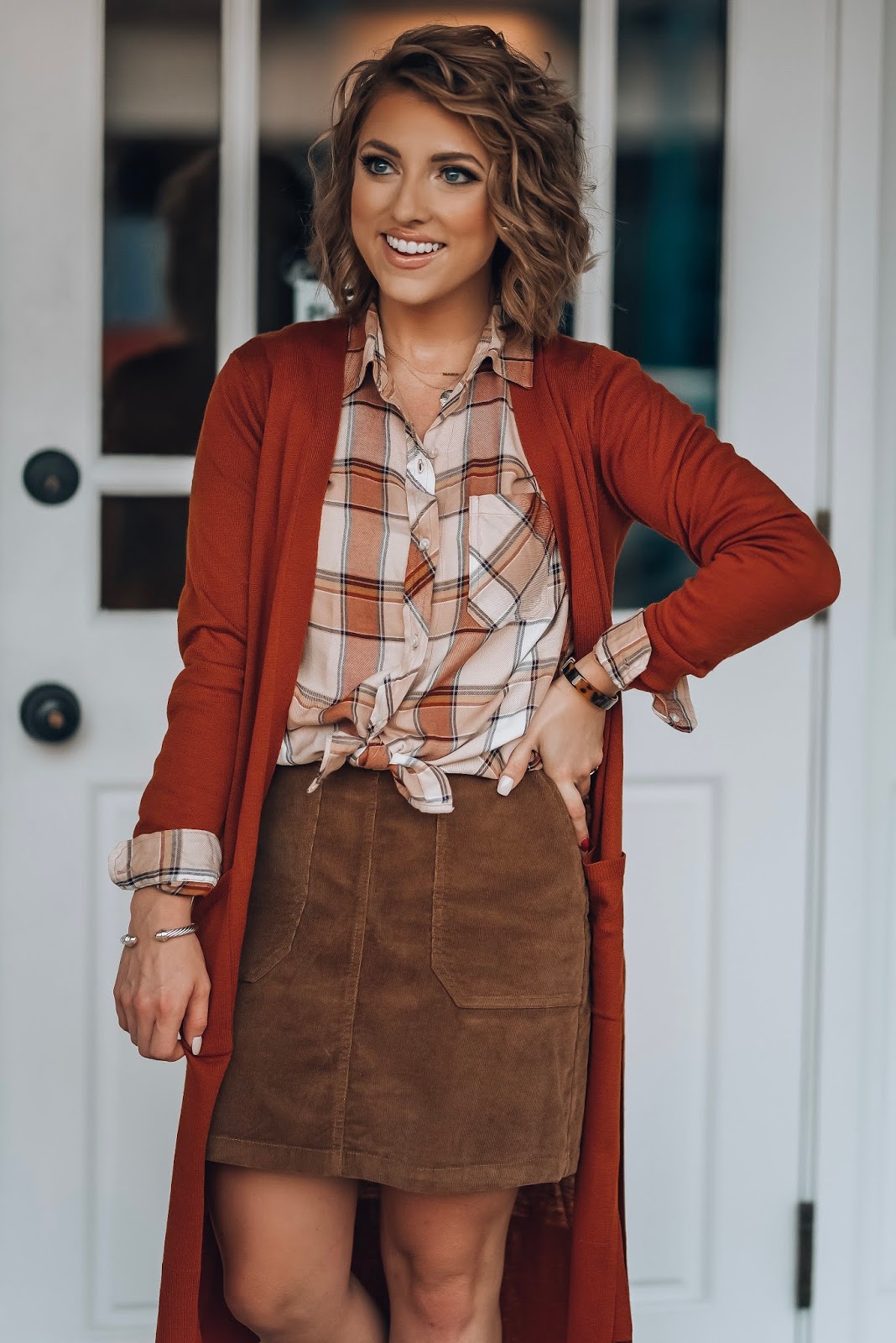 The Perfect Plaid Button Down With Longline Cardigan (both under $30) & Cord Skirt - Something Delightful Blog #fallstyle #targetstyle #fallfashion #affordablestyle