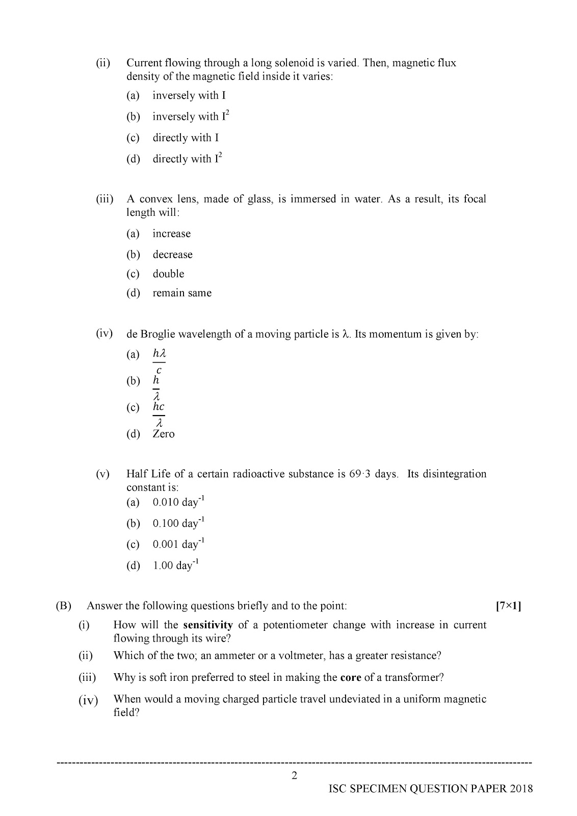 isc 2018 class XII Physics (Theory) paper-1 specimen question paper isc 2018 class 12th Physics (Theory) Sample paper