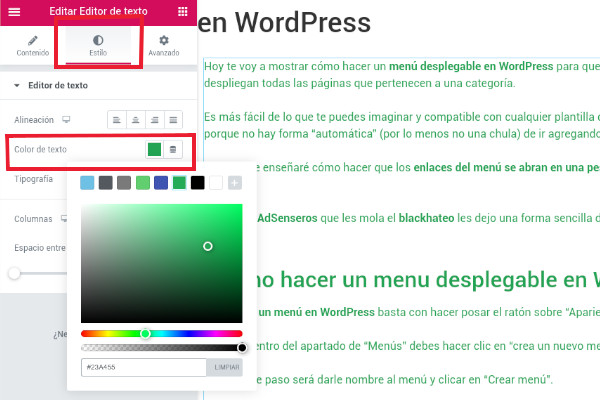 cambiar el color de letra WordPress Pugin Elementor