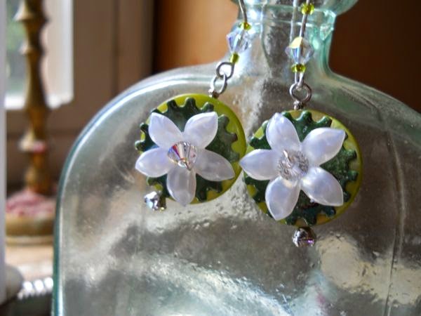 Silver, shell, enameled discs and lucite flower earrings