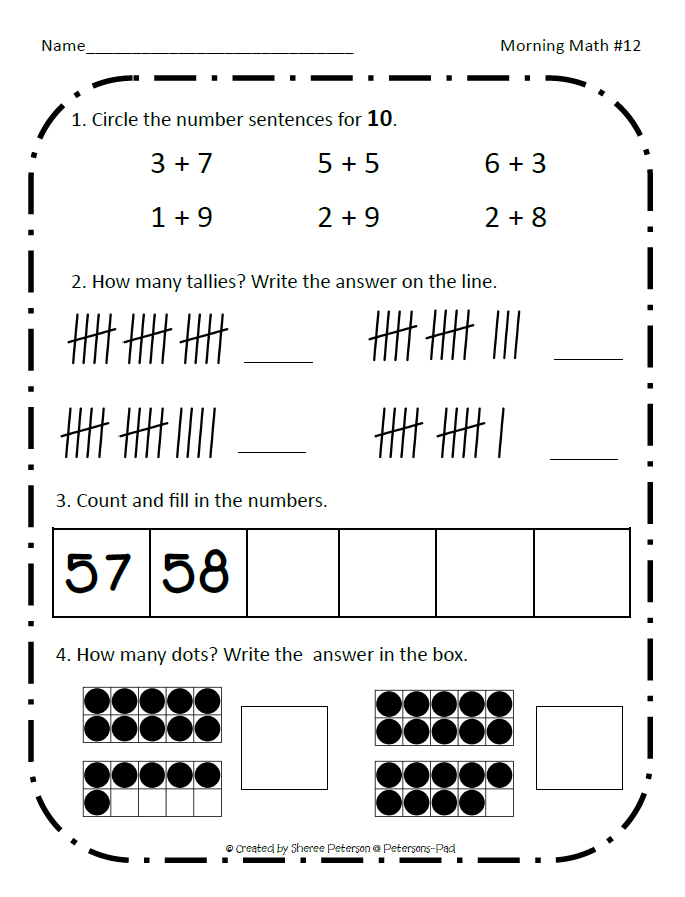 Morning Math Worksheet Kindergarten 10-15