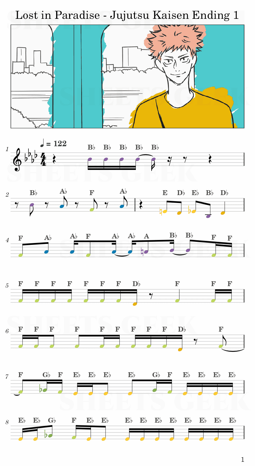 Lost in Paradise - Jujutsu Kaisen Ending 1 Easy Sheet Music Free for piano, keyboard, flute, violin, sax, cello page 1