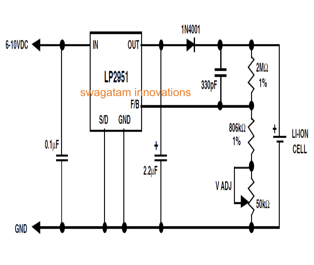 Li-Ion Battery Charger Circuit Using IC LP2951 | Circuit Diagram Centre