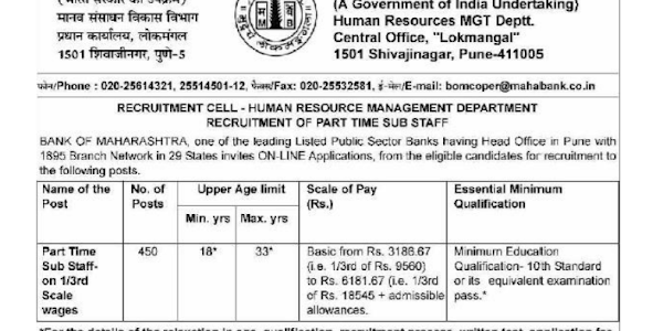 Bank of Maharashtra Part Time Sub Staff Previous Papers & Notification 2017