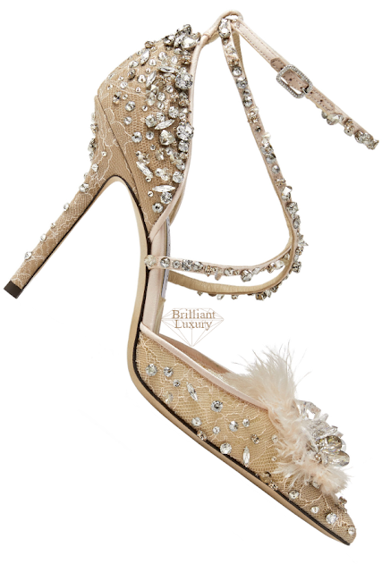Jimmy Choo Ballet-Pink Lace Wraparound Heels with Feather and Crystal embellishment #brilliantluxury