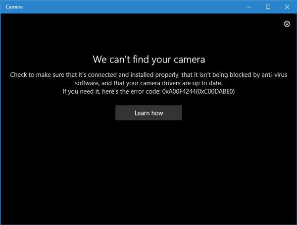 No podemos encontrar su cámara, código de error 0xA00F4244