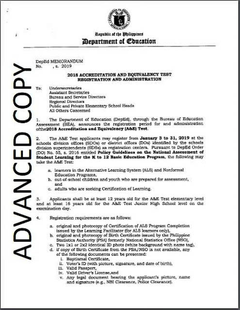 DepEd Memorandum on February and March 2019 ALS A&E Test and Registration Schedules Page 1