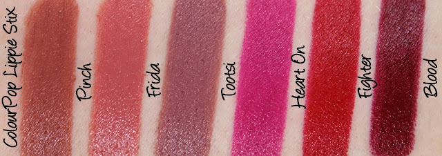 ColourPop Lippie Stix - Pinch, Frida, Tootsi, Heart On, Fighter and Blood Swatches & Review