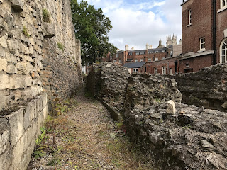 A picture of very old, stone walls standing at rear of the Multangular Tower.  In the distance are the red brick buildings of York and also one of the Minster's towers.  Photo by Kevin Nosferatu for the Skulferatu Project.