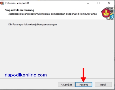 Klik Pasang untuk melanjutkan pemasangan e-Rapor SD versi 1.1